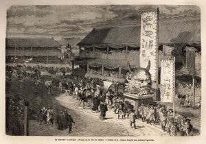 Das Matsouri (Fest, Prozession) von Miodjin, Tempel von Yedo (heutiges Tokio), eine große zweijährliche Prozession mit der Präsentation großer historischer Figuren.