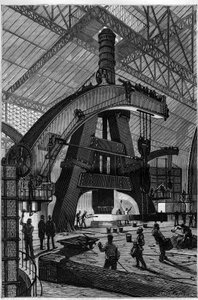 Die Metallindustrie: die Schmiede. Der Creusot-Dampfhammer in den Schneider und Compagnie Fabriken. Gravur in "La Nature" von Unknown artist