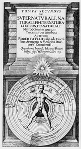 Der Mikrokosmos und der Makrokosmos - Allegorische Darstellung der Position des Menschen im Universum (Vitruvianischer Mensch): Beziehung des Menschen (Mikrokosmos) zum Makrokosmos, symbolisiert durch die Sphären der Sonne, des Mondes und der Planeten, ver von Unknown artist
