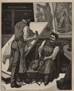 Die Mosaik: Mosaikwerkstatt. Gravur von 1885 in „Les arts et métiers illustrés“ von Adolphe Bitard.