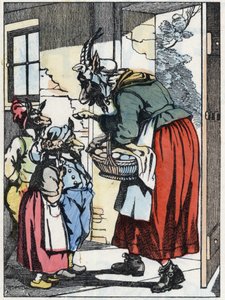 Die Mutterziege geht spazieren und warnt ihre Zicklein. Illustration des Märchens „Compere le Loup, Maitre Renard, Comere la Chevre et ses petits biquets“ nach einer Fabel von Jean de La Fontaine. In „Märchen aus dem Heim für die Kleinen“. Anonyme Gravur d