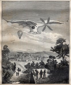 Die neuen Aerostaten: der Vogel von Clément Ader (1841-1925), die Eole, während eines Experiments im Park von Eugène Pereire bei Paris im Jahr 1891, es soll 15 m über dem Boden geflogen sein - Gravur in „La Science française“ von Unknown artist