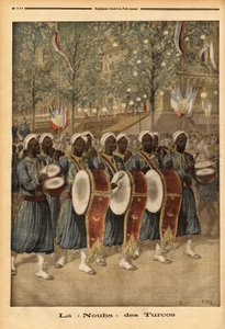 Die Nuba der Turcos von Algerien, die durch die Straßen von Paris marschieren. Gravur in „Le petit journal“ 25/10/1896. Sammlung Selva. von Unknown artist