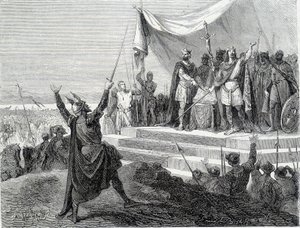 Der Eid der beiden Brüder vor ihrer Rüstung: Karl II. der Kahle und Ludwig II. der Deutsche schwören den Eid gegen Lothar I. (Eide von Straßburg 842). Gravur des 19. Jahrhunderts. von Unknown artist