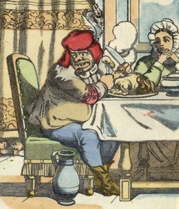 Der Oger am Tisch spürt die Anwesenheit des kleinen Poulet und seiner Brüder. Illustration aus dem Märchen „Der kleine Däumling“ von Charles Perrault