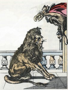 Der Oger verwandelt sich auf Wunsch des gestiefelten Katers in einen Löwen. Illustration des Märchens „Der gestiefelte Kater“ von Charles Perrault