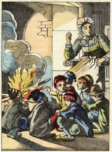 Die Frau des Ogers wärmt den kleinen Poulet und seine Brüder am Feuer. Illustration aus dem Märchen „Der kleine Däumling“ von Charles Perrault von Unknown artist