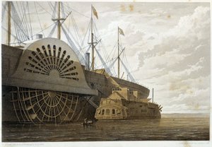 Die alte Fregatte mit ihrer Kabelladung neben der "Great Eastern" in Sheerness - in "Das Atlantische Telegraphenkabel" von W. H. Russel, ca. 1860 von Unknown artist