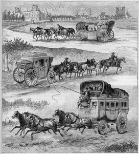 Der alte Reisewagen, die Reisekutsche des 17. Jahrhunderts, die Reisekutsche des 18. Jahrhunderts und die Postkutsche vor den Eisenbahnen. Gravur in "La nature" von 1888 von Unknown artist