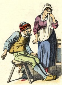 Die Eltern des kleinen Däumlings beschließen, ihre Kinder im Wald auszusetzen. Illustration des Märchens „Der kleine Däumling“ von Charles Perrault.