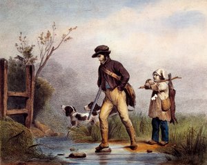 Der Durchgang hat Jäger, die einen Wasserlauf zu Fuß überqueren. Lithographie des 19. Jahrhunderts Gien, Jagdmuseum von Unknown artist