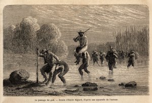 Der Durchgang des Flusses, die Siriniris-Indianer schlagen spontan vor, die Mitglieder der Expedition auf ihren Schultern zu tragen, um sie über die Teiche am Fuße des Mount Basiri (Peru) zu bringen. Gravur zur Illustration der Reise in die Täler