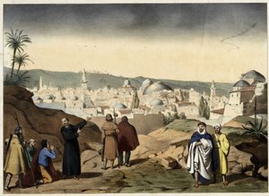 Die Pilger erreichen die Stadt Jerusalem. Anonyme Gravur aus der Mitte des 19. Jahrhunderts - in „Grand Catéchisme des Familles“. von Unknown artist