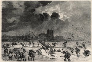 Der Pier an der Ecke der Saint-Michel-Brücke in Paris während des Hurrikans am 8. März. Gravur in „L