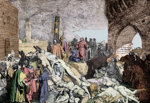 Die Pest von 1348 in Florenz (Italien). Unten links, mit einem Lorbeerkranz, Petrarca, italienischer Dichter und Humanist der Renaissance, spricht mit anderen Menschen von Unknown artist