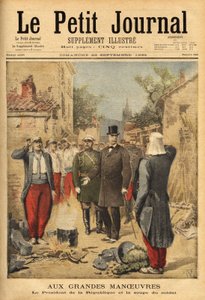 Der Präsident der Republik, Felix Faure (1841-1899), besucht die Truppen in Langres während der großen Manöver und Tradition für alle Besucher, er kostet die Suppe des Soldaten. Gravur in „Le petit journal“ 22/09/1895. Selva Sammlung.