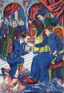 Der Prinz probiert den Eselring an. Anonyme Illustration für „Eselshaut“, Märchen von Charles Perrault (1628-1703), französischer Schriftsteller. Bild von Marcel Vagne, Jarville Nancy, undatiert (spätes 19. Jahrhundert) von Unknown artist