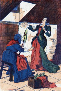 Die Prinzessin sticht sich in die Hand und schläft ein. Anonyme Illustration für „Dornröschen“, Märchen von Charles Perrault (1628-1703), französischer Schriftsteller. Bild von Marcel Vagne, Jarville Nancy, undatiert (spätes 19. Jahrhundert).