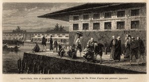 Der Kai und die Lagerhäuser der Reisläden in Taikoun (zeitgenössischer Herrscher von Japan), am Ogawa-Fluss (der Edo, das heutige Tokio, durchquert). Gravur zur Illustration der Reise nach Japan, von Aimé Humbert, Minister der Schweizerischen Eidgenossensc