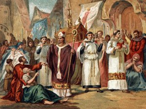 Die Reliquien der Sainte Genevieve (422-502), Schutzpatronin von Paris, werden durch die Straßen von Paris transportiert. Chromolithographie um 1890