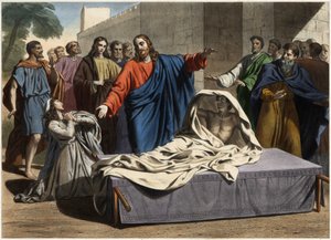 Die Auferstehung des Sohnes der Witwe von Naim: Jesus Christus erweckt den einzigen Sohn der Witwe. Gravur aus der Mitte des 19. Jahrhunderts.