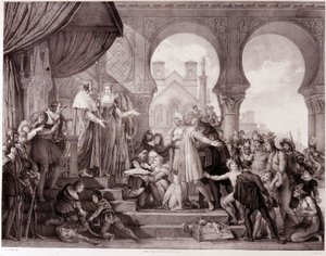 Die Rückkehr von Christoph Kolumbus nach Spanien vor König Ferdinand II. von Aragon und Isabella I. von Kastilien (genannt die Katholische) nach der Entdeckung Amerikas. Gravur des 19. Jahrhunderts. von Unknown artist