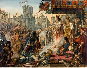 Die Rückkehr von Christoph Kolumbus nach Spanien vor König Ferdinand II. von Aragon und Isabella I. von Kastilien (genannt die Katholische) nach der Entdeckung Amerikas. Gravur aus dem 19. Jahrhundert. von Unknown artist