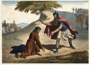 Die Rückkehr Jakobs und seine Begegnung mit Esau - Jakob kehrt mit seinen Frauen und Kindern ins Land Kanaan zurück: Er trifft seinen Bruder Esau. Gravur aus der Mitte des 19. Jahrhunderts von Unknown artist