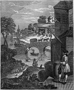 Die lächerliche Perspektive. Satirische Illustration von William Hogarth (1697-1764), die die Kunst der Perspektive von Malern verspottet, indem sie die Ebenen von Objekten und Personen vorschlägt, die aufgrund von Entfernungen in der Realität unmöglich si von Unknown artist