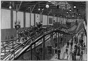 Die Achterbahn des Boulevard des Capucines in Paris im Jahr 1888. In „La Nature. Revue des sciences et de leurs applications aux arts et à l