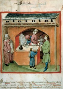 Der Salzverkäufer, Eluminure aus dem Handel mit Medizin und Diätetik „Tacuinum sanitatis“