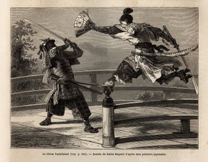 Der Samurai Yashitsune im Gleichgewicht auf der Barriere einer Brücke, greift einen Samurai in Rüstung an. Gravur zur Illustration der Reise nach Japan, 1863-1864, von Aime Humbert, Minister der Schweizerischen Eidgenossenschaft, in „Le tour du monde, nouv