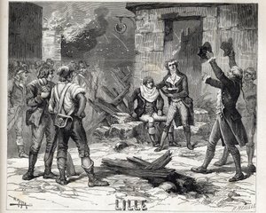 Die Rasierseife von Lille. Eine Episode aus der Belagerung von Lille im Jahr 1792 während der Französischen Revolutionskriege - Belagerung von Lille 1792: die Maes-Perücke verwendet eine Bombensplitter als Rasierseife. von Unknown artist