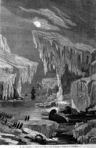 Die Schiffe „Erebus“ und „Terror“ während der Expedition unter der Leitung von Sir John Franklin (1786-1847) im Eis. Gravur des 19. Jahrhunderts