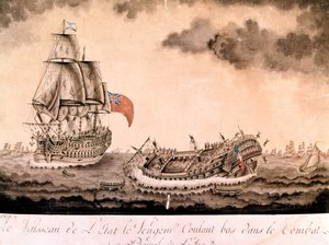 Das Schiffswrack der „Avenger“, gesunken vor Brest durch die englische Flotte am 1. Juni 1794. Gravur Ende 18. Jahrhundert, Anfang 19. Jahrhundert. von Unknown artist