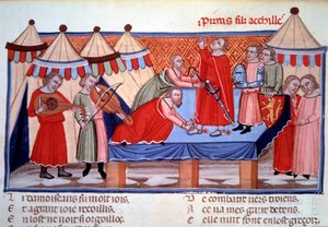 Die Besänftigung des Pyrrhus, Sohn des Achilles. Miniatur aus „Le roman de Troie“ von Benoit de Sainte-Maure (spätes 12. Jahrhundert), normannischer Dichter, um 1160-1170 für Alienor d