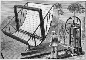 Die Solarmaschine, die 1883 von John Ericsson (1803-1889), einem amerikanischen Ingenieur schwedischer Herkunft, einem der Väter der Nutzung von Solarenergie, experimentiert wurde. In „Nature. Revue der Wissenschaften und ihrer Anwendungen in Kunst und Ind von Unknown artist