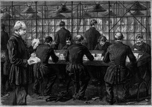 Das Sortieren der Korrespondenz in einem Büro des Hôtel des Postes in der Rue du Louvre in Paris. Gravur im Journal „La jeunesse“ von Unknown artist
