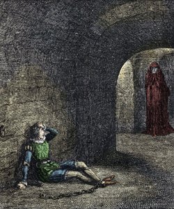 Das Gespenst des Turms. Der Gefangene in einem Verlies sieht einen Geist vor sich. Illustration für „The Tower of London“ von William Harrison Ainsworth von Unknown artist