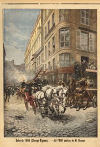 Die Dampfpumpe und Fahrzeuge der Feuerwehr in Paris, nach einem Gemälde von Herrn Busson. Gravur in „Le petit journal“ 3/05/1896. Sammlung Selva.
