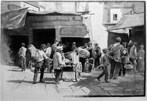 Die Straßenverkäufer und der Spaziergang des Viertels Vuccirla in Palermo, Sizilien. Gravur des 19. Jahrhunderts