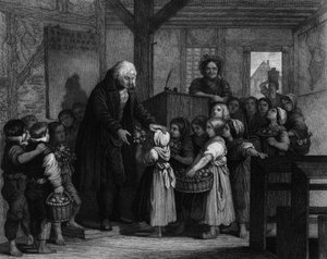 Die Schüler einer Klasse versammeln sich, um ihrem Lehrer an seinem Geburtstag Blumen zu überreichen. Gravur des 19. Jahrhunderts von Unknown artist