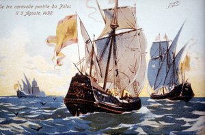 Die drei Karavellen von Kolumbus verlassen Palos am 3.08.1492 von Unknown artist