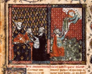 Der Übersetzermönch präsentiert sein Buch König Philipp III. von Frankreich, genannt der Kühne (1270-1285). Miniatur aus Die christliche Lehre, von St. Augustinus (?)