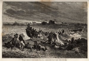 Der Transport der Armee von König Ahmadou auf dem Niger während der Regenzeit verursachte zahlreiche Schiffbrüche und viele Verluste an Pferden. Illustration der Reise in den westlichen Sudan von Leutnant (Marine) M. Mage, 1863-1866, veröffentlicht in "Le