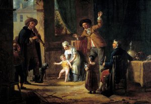 Der reisende Musiker Ein Geiger spielt Musik an der Tür eines Familienhauses. Anonymes Gemälde. 1819 Paris, Decorative Arts von Unknown artist