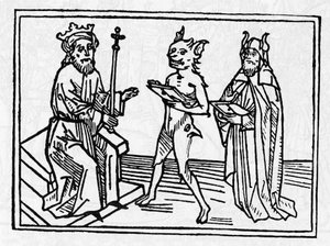 Der Prozess von Belial: „Dämon Belial präsentiert seine Referenzen vor Richter Solomon“ Gravur aus „The trial of Belial“ von Jacobus de Teramo (oder Palladino), Augsburg von Unknown artist