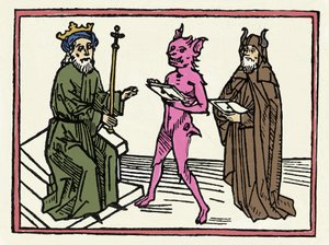Der Prozess von Belial: „Dämon Belial stellt Richter Salomon seine Referenzen vor“ Gravur aus „Der Prozess von Belial“ von Jacobus de Teramo (oder Palladino), Augsburg