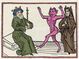 Der Prozess von Belial: „Der Dämon Belial tanzt vor Richter Salomon“ Gravur aus „Der Prozess von Belial“ von Jacobus de Teramo (oder Palladino), Augsburg