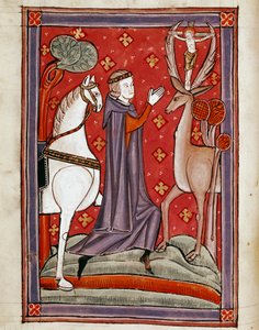 Die Vision des heiligen Eustachius. Heiliger Eustachius vor einem Hirsch mit einem Bild des gekreuzigten Christus zwischen seinen Geweihen. Miniatur aus einem Manuskript des 13. Jahrhunderts